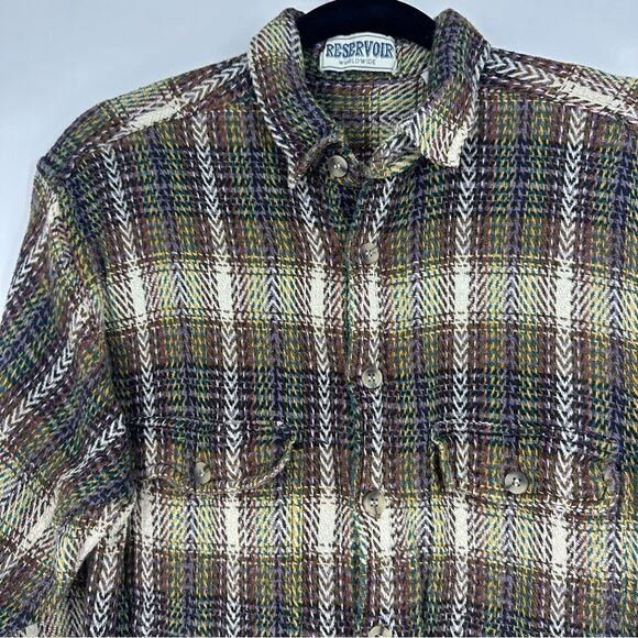 RESERVOIR Worldwide Multicolored Herringbone Button Down Shacket Shirt Sz M - Picture 5 of 9